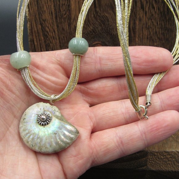 18" Sterling Silver Fossil & Jade Orb Necklace - Picture 2 of 6